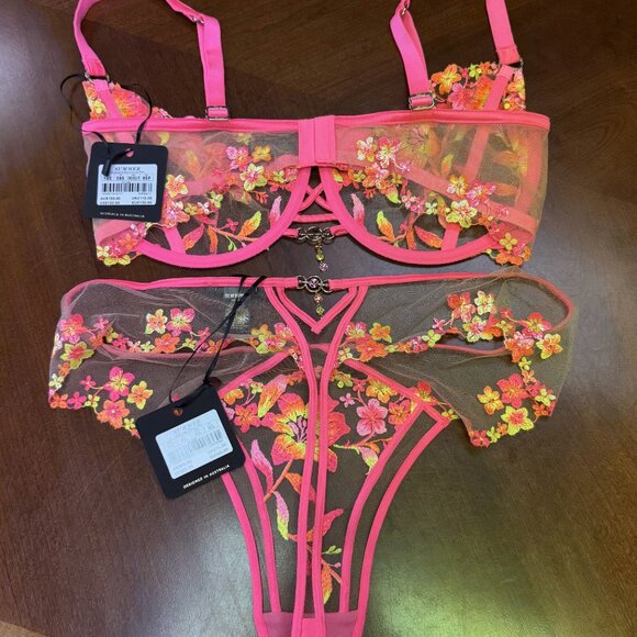 Gorgeous Honey Birdette "Summer" Neon Pink Lingerie Set 38F/XL NWT - Picture 2 of 3